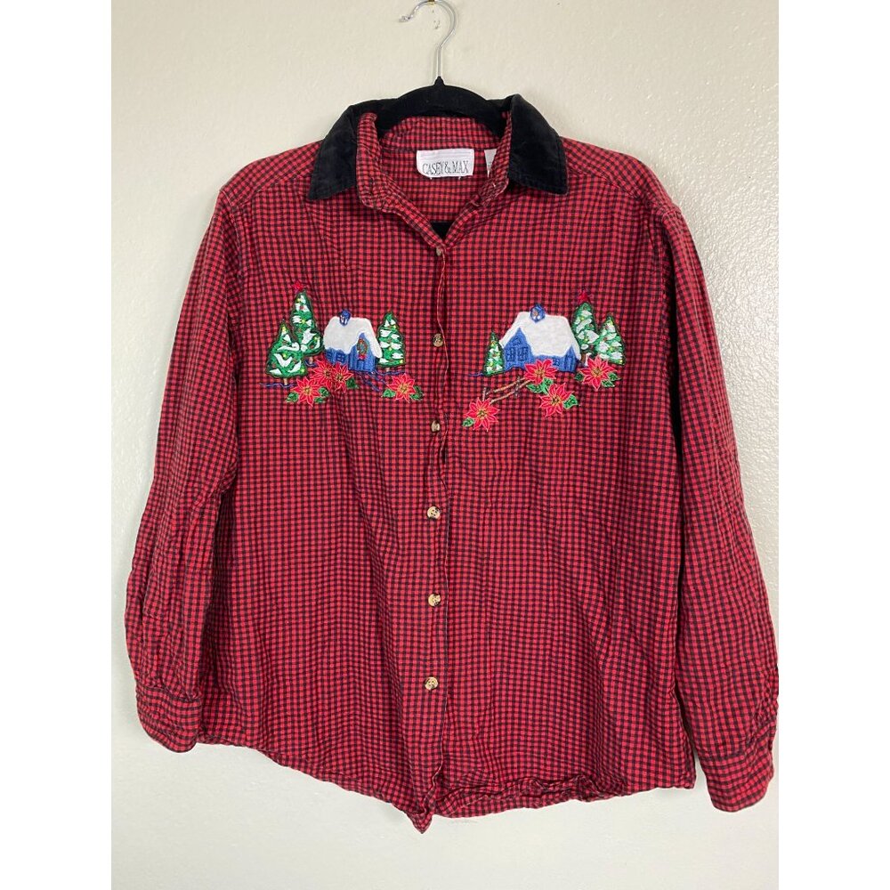 Vtg Casey & Max Red Black Checkered Button Up Top Size Small Christmas Holiday